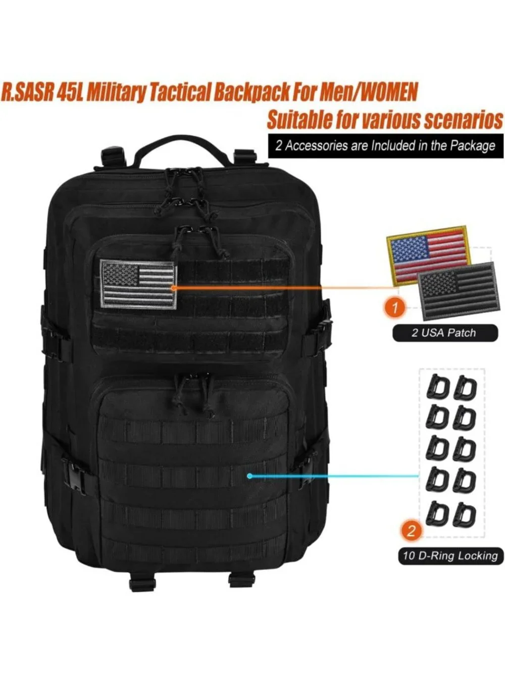 Large 45L Tactical Backpack for Hiking & Camping, Military Assault Pack with